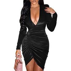 YMDUCH Sexy Long Sleeve V Neck Ruched Bodycon Wrap Cocktail Club Mini Dress - Black