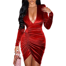 YMDUCH Sexy Long Sleeve V Neck Ruched Bodycon Wrap Cocktail Club Mini Dress - Red