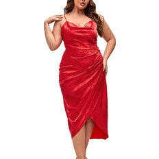 Floerns Women's Satin Spaghetti Strap Cowl Neck Wrap Party Cami Dress Plus Size - Jacquard Red