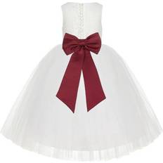 Bow Christening Wear Children's Clothing Ekidsbridal Junior Floral Lace Flower Girl Christening Baptism Dress - Ivory/Apple Red