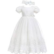 1-3M Christening Wear Children's Clothing Glamulice Baby Girl's Christening Baptism Floral Embroidered Dress & Handmade Headband - Off White