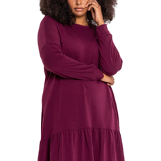 Roman Curve Frill Hem Long Sleeve Dress - Bordeaux