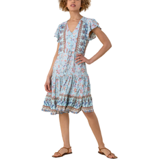 Roman Floral Border Print Tiered Dress - Aqua