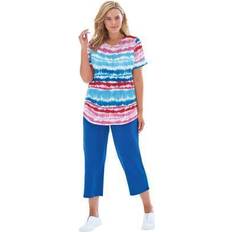 Woman Within Women Jumpsuits & Overalls Woman Within Plus Two-Piece V-Neck Tunic & Capri Set in Paradise Blue Multi Tie-dye Stripe Size 2X