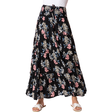 Long Skirts Roman Floral Shirred Waist Maxi Skirt - Black