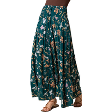 Long Skirts Roman Floral Shirred Waist Maxi Skirt - Teal