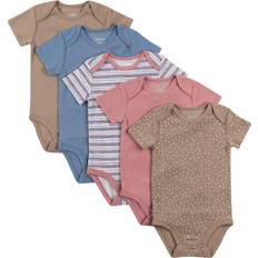 Hanes Baby Girls Bodysuits, Ultimate Flexy Infant Short Sleeve 5-pack, Dusty Tan/Blue/Pink, 18M-24M