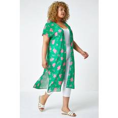 Roman Curve Floral Print Longline Kimono - Green