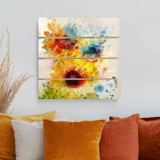 Artigianato Holzbild Plankenoptik Blumen Quadrat Aquarell Blumen Sonnenblumen