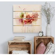 Artigianato Holzbild Plankenoptik Blumen Quadrat Aquarell Rose