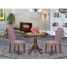 Table with two chairs East West Furniture 3Pc Dinette Includes a Rounded Kitchen Table and Two Parson Chairs with Dahlia Fabric, Mahogany Finish