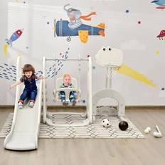 Playground Goplus Toddlers' 6-in-1 Slide and Swing Set with Ball Games, White