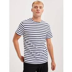 Selected HOMME Men's SLHBRIAC Stripe SS O-Neck Tee W NOOS T-Shirt, Bright White/Stripes:Navy Blazer