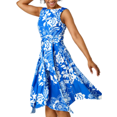 Roman Petite Tie Waist Floral Stretch Dress - Blue