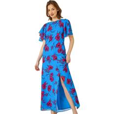 Long Dresses - Slit Roman Floral Tiered Sleeve Maxi Dress - Blue