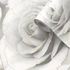 Muriva White Wallpapers Muriva Madison Rose Floral Bloom White Flowers Silver Glitter Shimmer Feature Wallpaper
