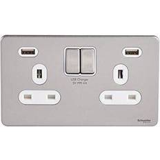 White double socket with usb Schneider USFP 2G Switched Socket Double Pole 2x USB 4A White Insert Stainless Steel GGBGU3424DWSS