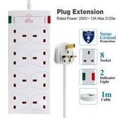 White Power Strips 8 Gang Surge-Protected Extension Lead White 1m