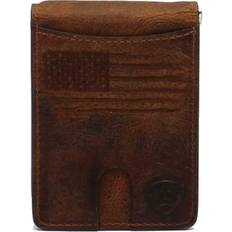 Ariat men's brown distressed leather bifold card case money clip with flag