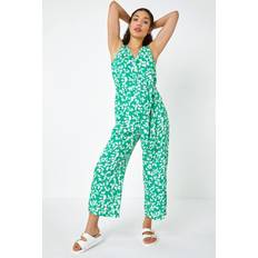 Dusk Sleeveless Leaf Print Button Jumpsuit