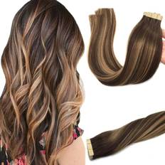Straight Real Hair Tape in Hair Extensions 18 inch Chocolate Brown to Caramel Blonde