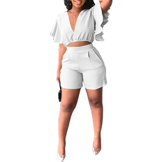 Jumpsuits & Overalls Acelyn Ruffle Short Sleeve Deep V Neck Shorts Set - White