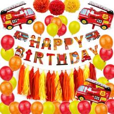 Orange Party Decorations Fire truck party supplies fireman happy birthday banner paper pom pom tissu