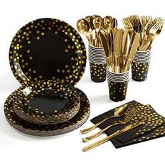 Gold Disposable Flatware Black and gold party supplies 175 pieces golden dot disposable party dinnerwa