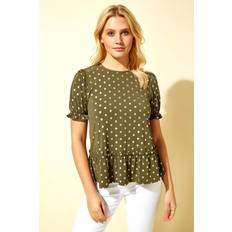 Blusas Roman Foil Spot Print Ruffle Top in Khaki