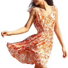 Roman Sleeveless Floral Print Shirred Dress - Orange