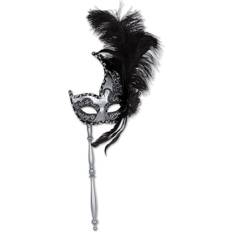 Women Facemasks Beistle Glitter Feathered Mask With Stick; Silver/Black 54204