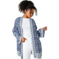 Blue - Woman Robes Roman Petite Border Print Embellished Kimono