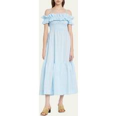 Blåa Klänningar Ganni Seersucker Check Smock Maxi Dress - Ice Water