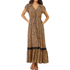 Long Dresses - Slit Roman Animal Print Shirred Waist Maxi Dress - Camel