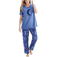 Dreams & Co Women's Graphic Tee PJ Set Plus Size - French Blue Tie Dye Moon