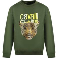 Roberto Cavalli class leopard print logo olive jumper