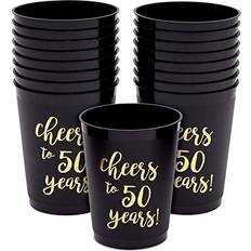 Paper Cups Sparkle and Bash 50th Birthday Party Cups, Cheers to 50 Years 16 oz, 16 Pack Black