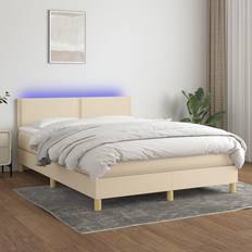 Blanco Camas vidaXL Box Spring Colchón Y Luces LED Tela Crema 140x190 cm Cama Continental