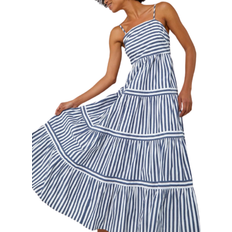 Long Dresses - Short Sleeves Roman Sleeveless Stripe Tiered Cotton Maxi Dress - Navy