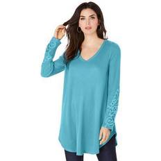 Turquoise - Women Sweaters Roaman's plus v-neck lace-sleeve thermal tunic