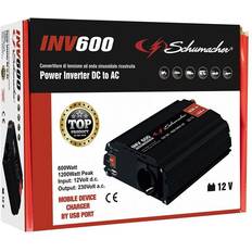 Schumacher INV 600 spänningsomvandlare, modifierad sinusväxelriktare 12 V DC > 230 V AC – kontinuerlig effekt 600 W – överspänning, underspänning, överbelastning och termiskt skydd – fläkt – ljudlös