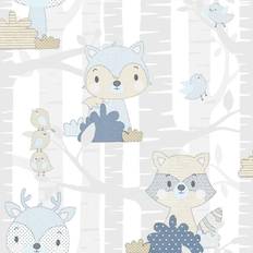 Blauw Behangen Behang Mondo baby Forest Animals wit en blauw