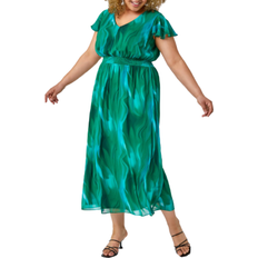 Roman Curve Abstract Shirred Maxi Dress - Green