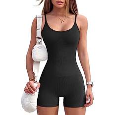 Fitness & Gym Jumpsuits & Overalls OQQ Women's Yoga Rompers One Piece Ribbed Spaghetti Strap Exercise Romper - Black