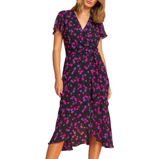 Roman Floral Frill Detail Wrap Dress - Black