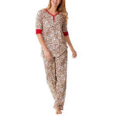 Brown - Women Pajamas Dreams & Co Women's Print Pj Set Plus Size - Classic Leopard