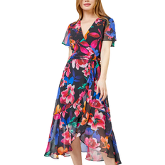 Roman Petite Floral Frill Detail Wrap Dress - Black