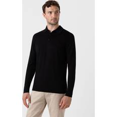 Men - Wool Polo Shirts Sunspel Black Three-Button Long Sleeve Polo