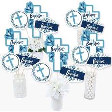 Big Dot of Happiness Baptism blue elegant cross -religious centerpiece sticks-table toppers-set 15