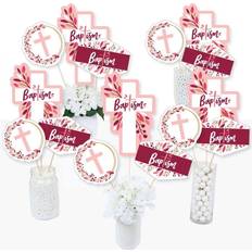 Confetti Big Dot of Happiness Baptism pink elegant cross centerpiece sticks table toppers set 15